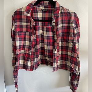 RED NAVY AND BLUE PLAID FLANNEL.